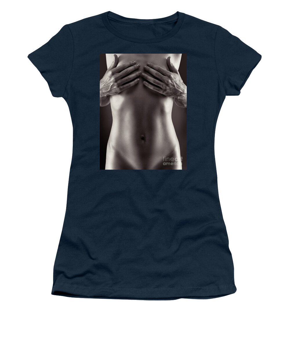 Man hands covering nude woman breasts black and white Women's T