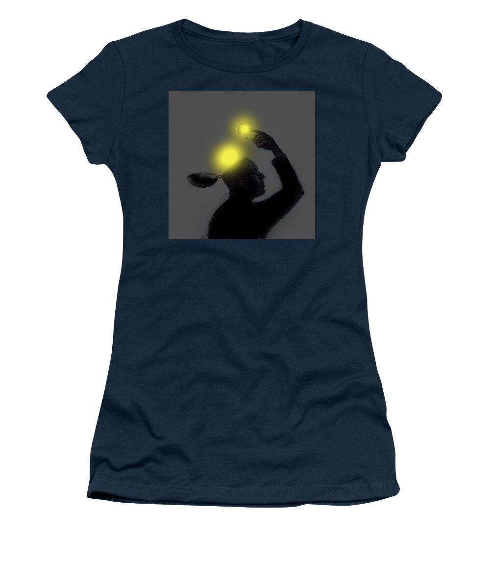 Adult Women's T-Shirt featuring the photograph Man Lifting Glowing Light Bulbs by Ikon Ikon Images