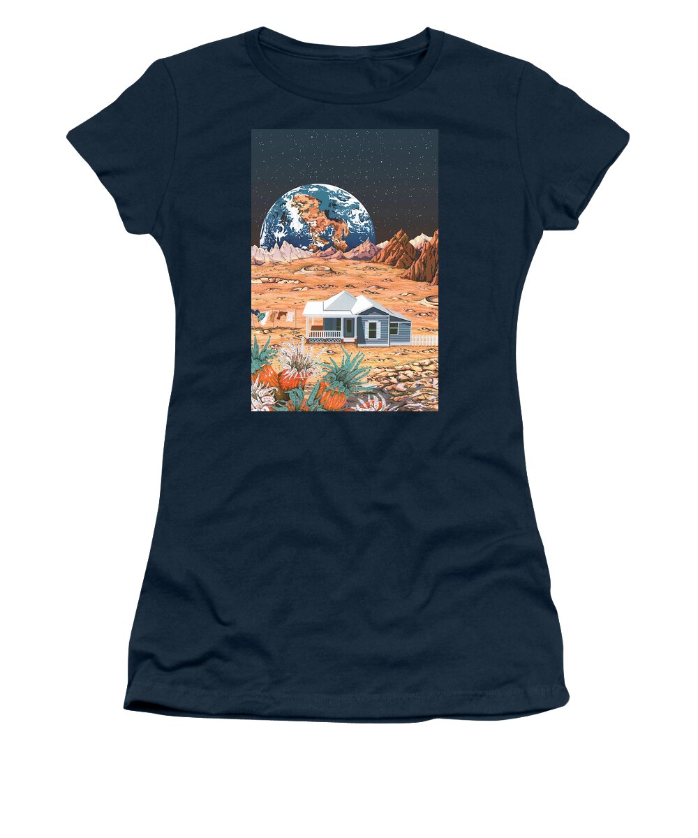 Outer Space Silkscreen Women's T-Shirt featuring the drawing Man on the Moon by Anne Gifford