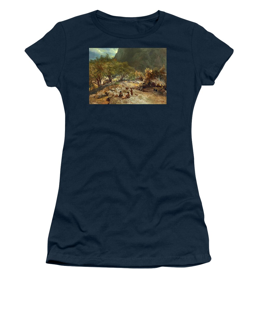 Albert Bierstadt Women's T-Shirt featuring the painting Mariposa Indian Encampment Yosemite Valley California by Albert Bierstadt