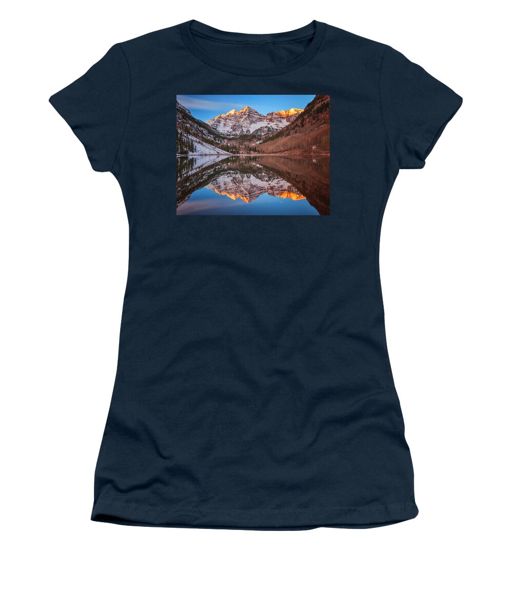 Maroon Bells Women's T-Shirt featuring the photograph Maroon Bells Alpenglow by Darren White
