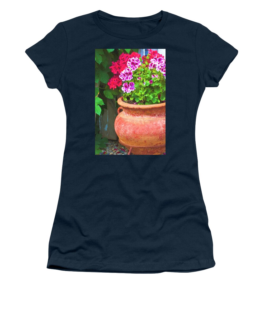 Geraniums Women's T-Shirt featuring the photograph Martha Washington Geraniums In Textured Clay Pot by Sandra Foster
