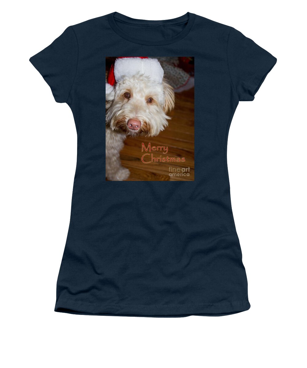 White Women's T-Shirt featuring the photograph Merry Christmas from a Labrdoodle card by Sandra Clark