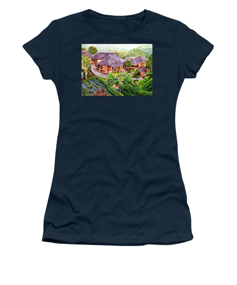 Bali Hut Women's T-Shirt featuring the painting Mini Paradise by Belinda Low