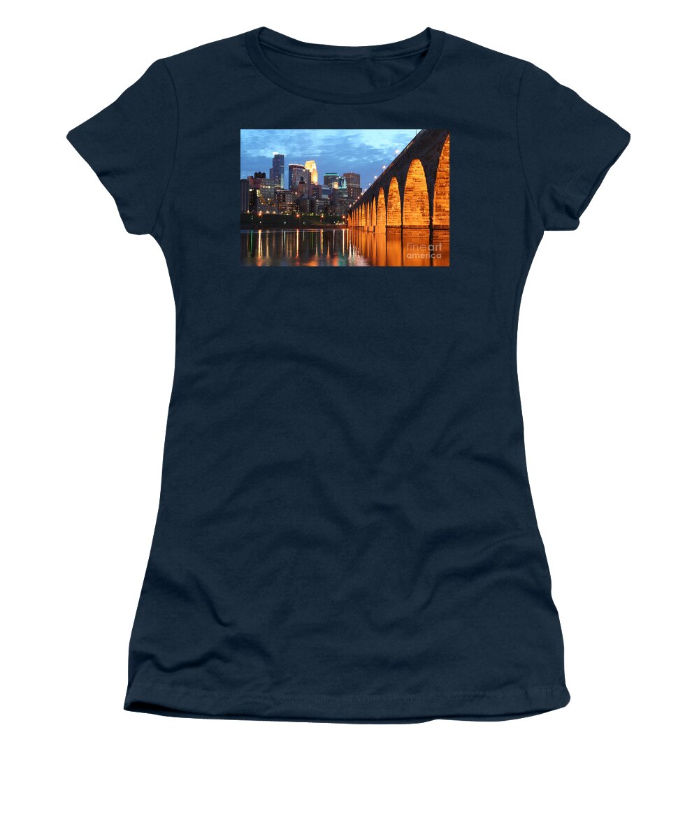 Minneapolis Skyline Women's T-Shirt featuring the photograph Minneapolis Skyline Photography Stone Arch Bridge by Wayne Moran