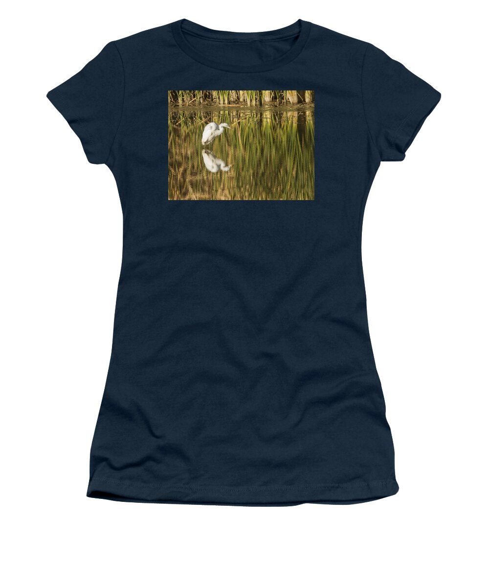 Heron Women's T-Shirt featuring the photograph Mirrored White Egret by Jean Noren