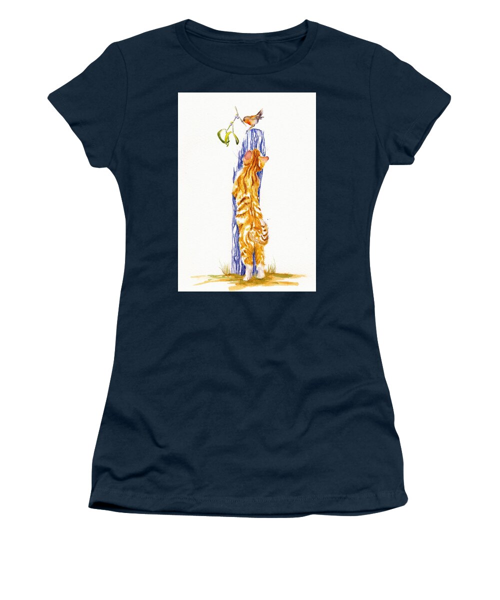 Cat Women's T-Shirt featuring the painting Mistletoe - Stretching Ginger Kitten by Debra Hall
