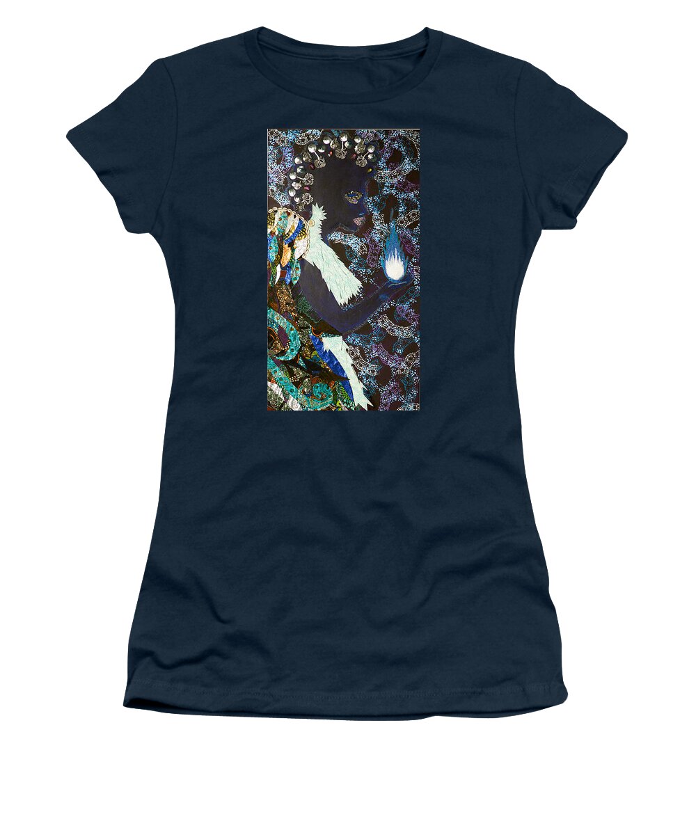 African Women's T-Shirt featuring the tapestry - textile Moon Guardian - The Keeper of the Universe by Apanaki Temitayo M