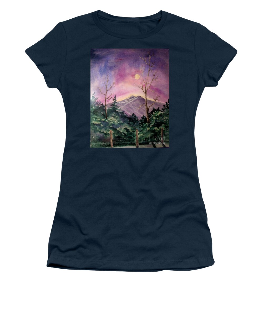 Landscape Women's T-Shirt featuring the painting Moonlight Mountain by Genie Morgan