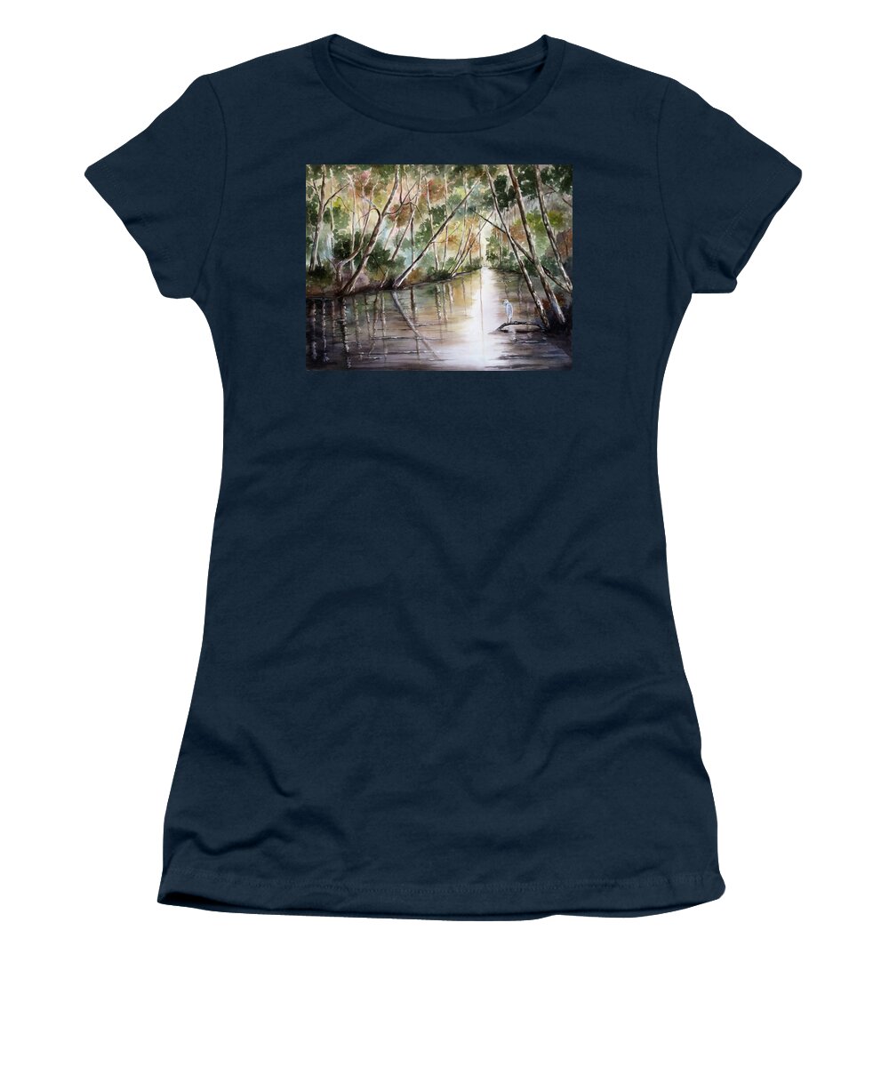 River Women's T-Shirt featuring the painting Morning Reflections by Mary McCullah