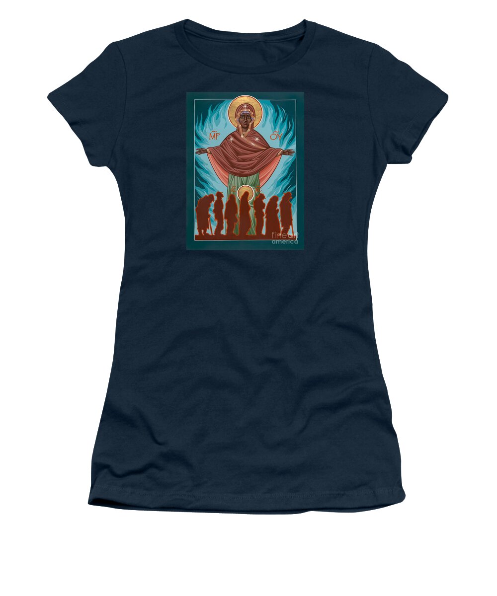 Andrew Harvey Women's T-Shirt featuring the painting Mother of Sacred Activism with Eichenberg's Christ of the Breadline by William Hart McNichols