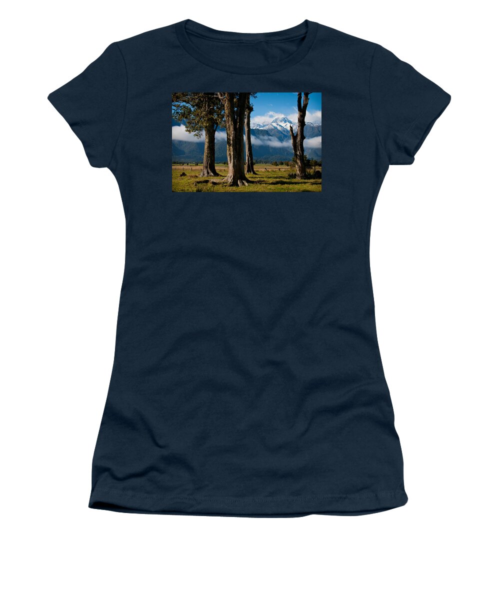 Mt Cook Women's T-Shirt featuring the photograph Mt Cook through trees by Jenny Setchell