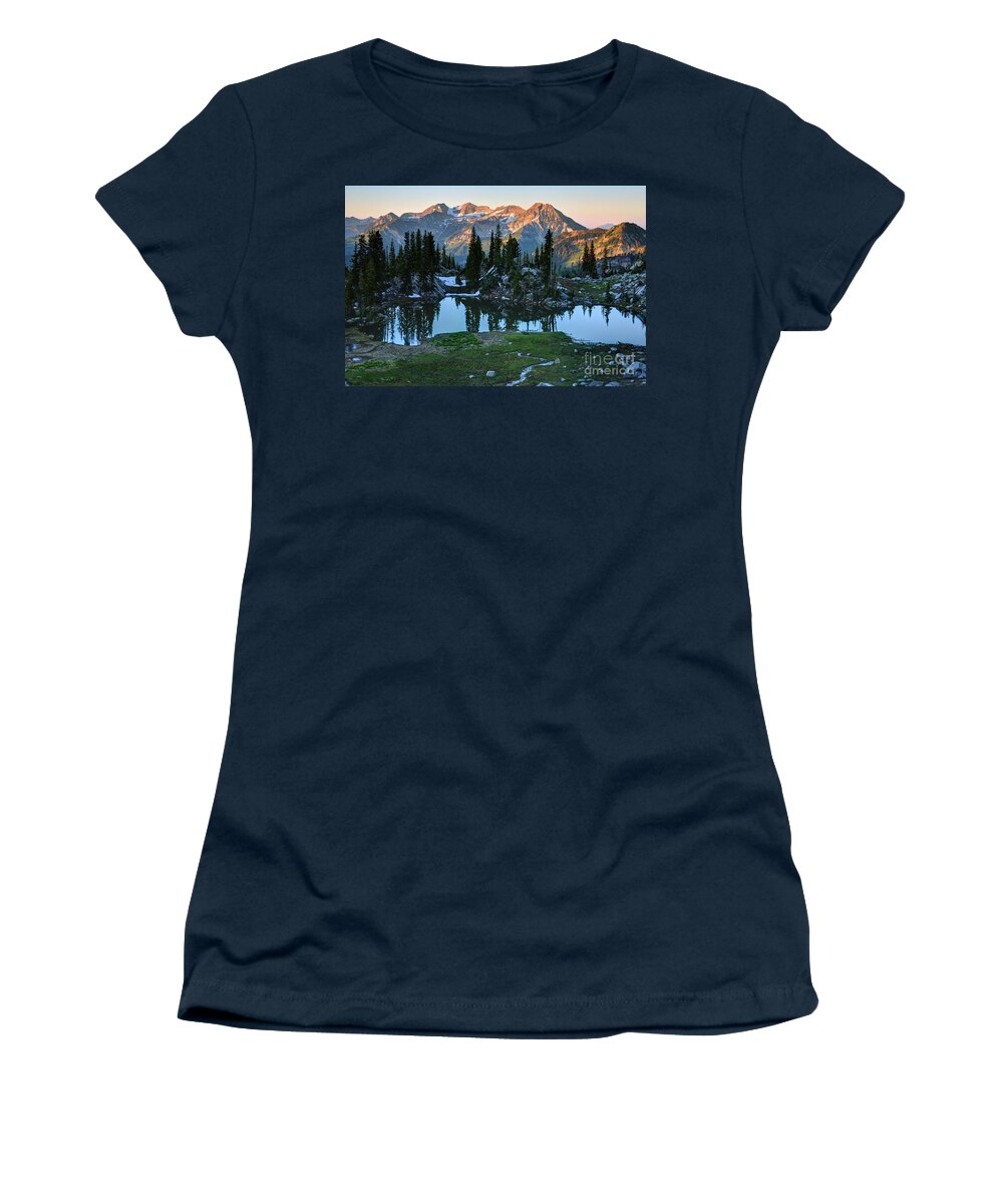 Mount Timpanogos Women's T-Shirt featuring the photograph Mt. Timpanogos at Sunrise from Silver Glance Lake by Gary Whitton