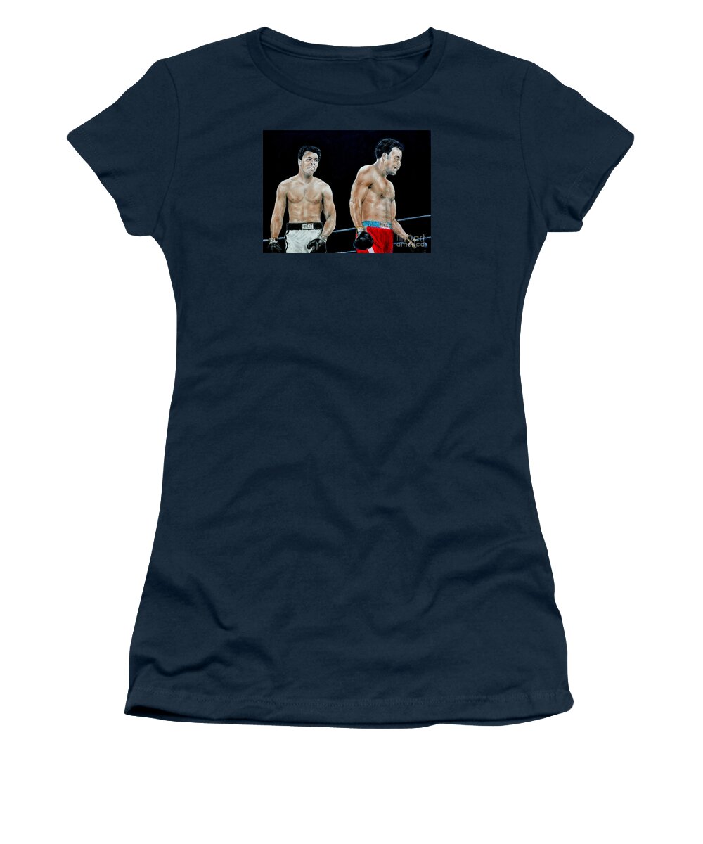 Muhammad Ali Vs George Foreman Women's T-Shirt featuring the drawing Muhammad Ali vs George Foreman by Jim Fitzpatrick