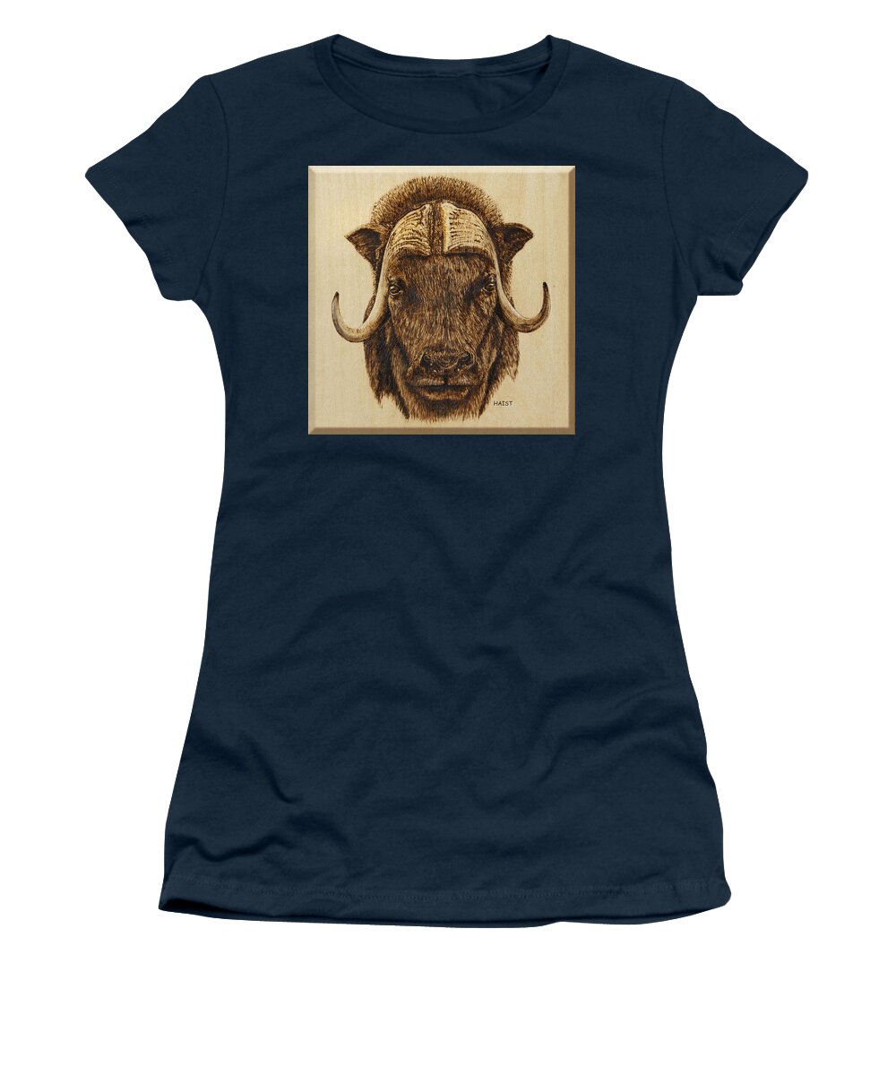 Outdoors Women's T-Shirt featuring the pyrography Muskox by Ron Haist
