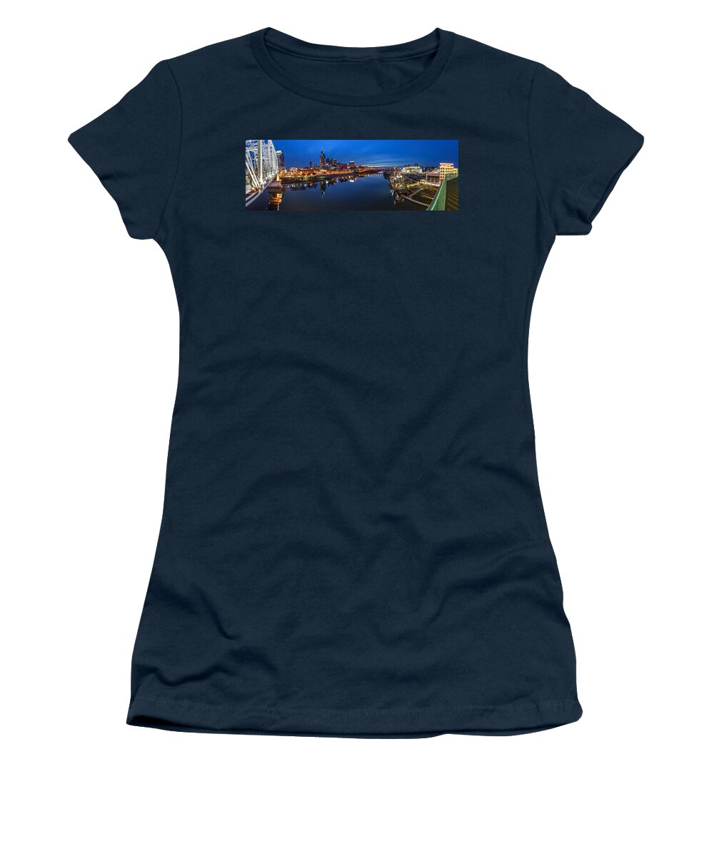 Pano Women's T-Shirt featuring the photograph Nashville Skyline Panorama at Night by Brett Engle