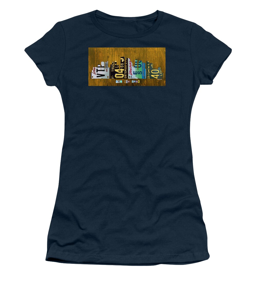 New Women's T-Shirt featuring the mixed media New Orleans Louisiana City Skyline Vintage License Plate Art on Wood by Design Turnpike