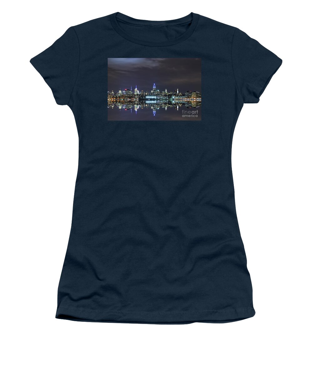 New York City Women's T-Shirt featuring the photograph New York City Skyline Night USA by Sabine Jacobs