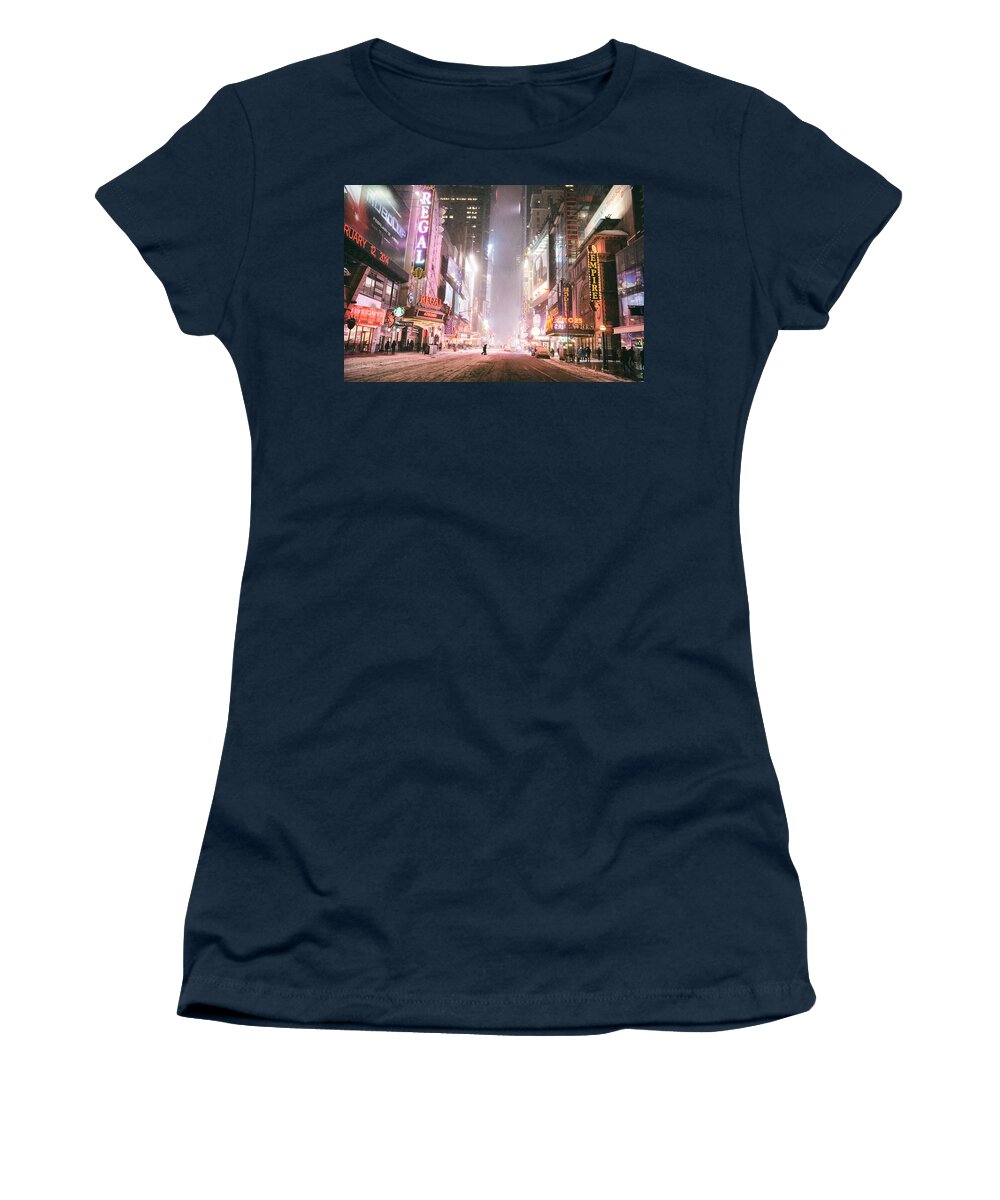 New York City Women's T-Shirt featuring the photograph New York City - Winter Night - Times Square in the Snow by Vivienne Gucwa