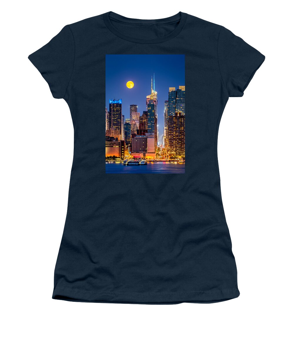 42nd Street Women's T-Shirt featuring the photograph New York Supermoon by Mihai Andritoiu