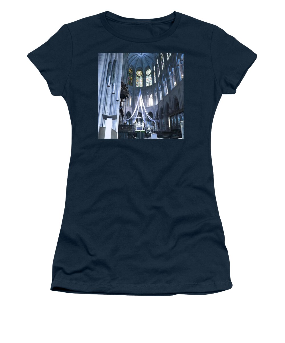 Evie Women's T-Shirt featuring the photograph Notre Dame Altar Teal Paris France by Evie Carrier