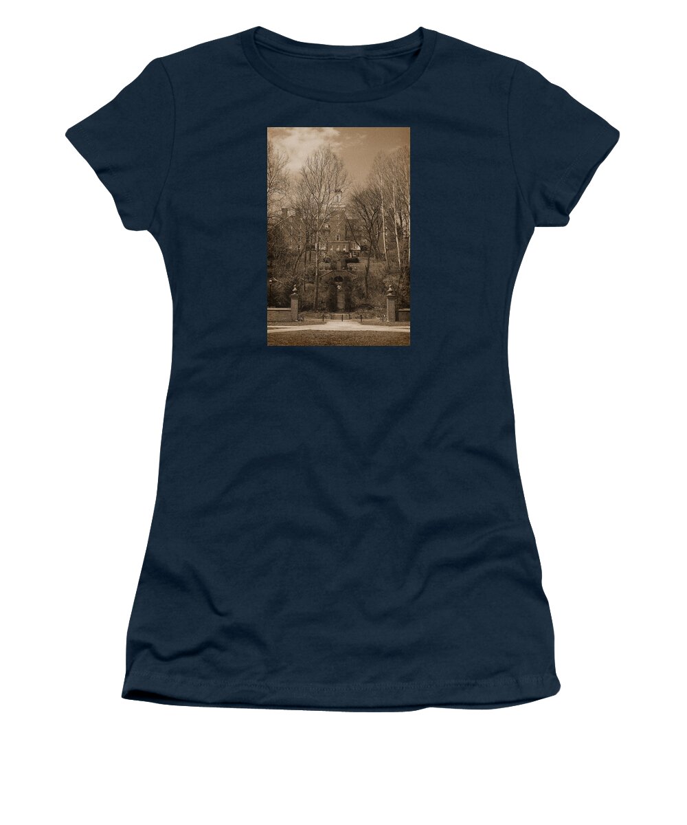 Ohio Women's T-Shirt featuring the photograph Ohio University Bryan Hall Sepia by Karen Adams