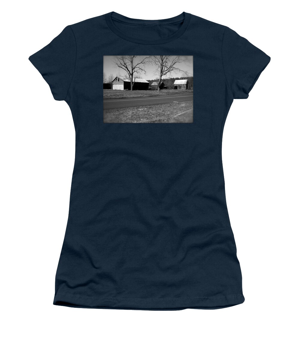  Women's T-Shirt featuring the photograph Old Red Barn In Black and White by Chris W Photography AKA Christian Wilson