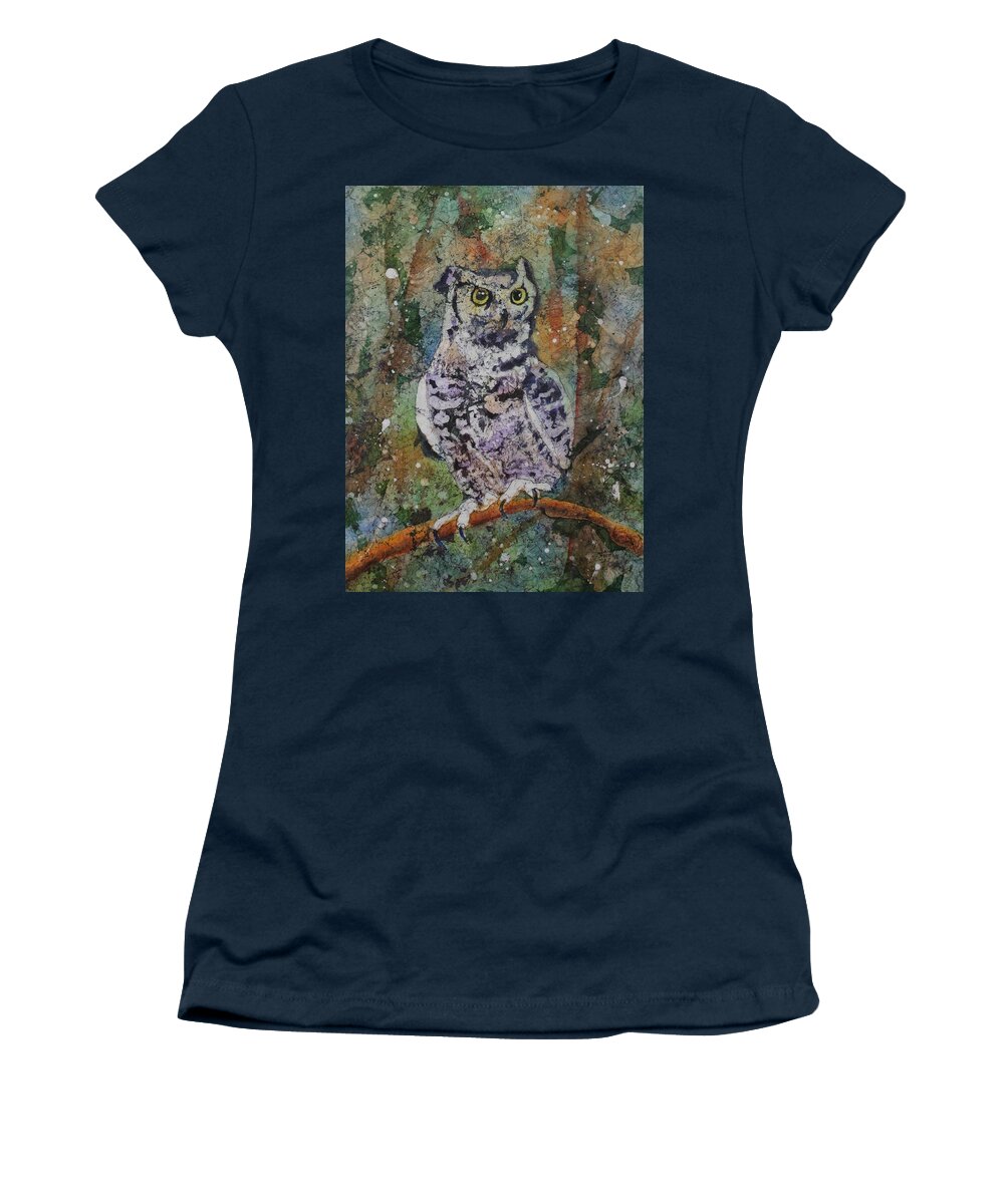Owl Women's T-Shirt featuring the painting On Alert by Ruth Kamenev