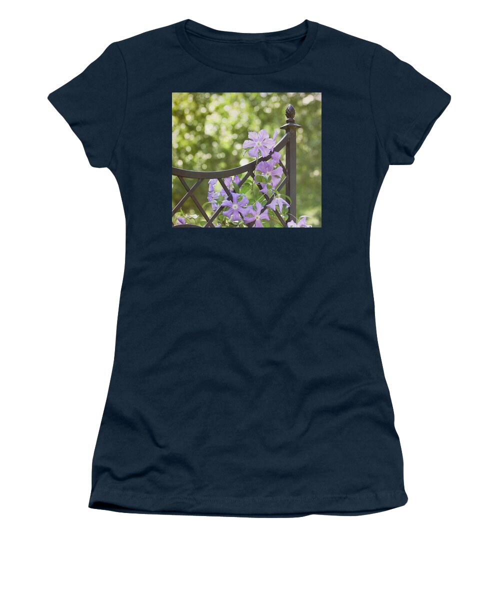 Purple Flower Women's T-Shirt featuring the photograph On The Fence by Kim Hojnacki