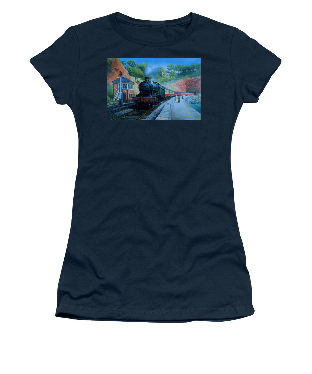 Train Women's T-Shirt featuring the painting On the sea wall. by Mike Jeffries