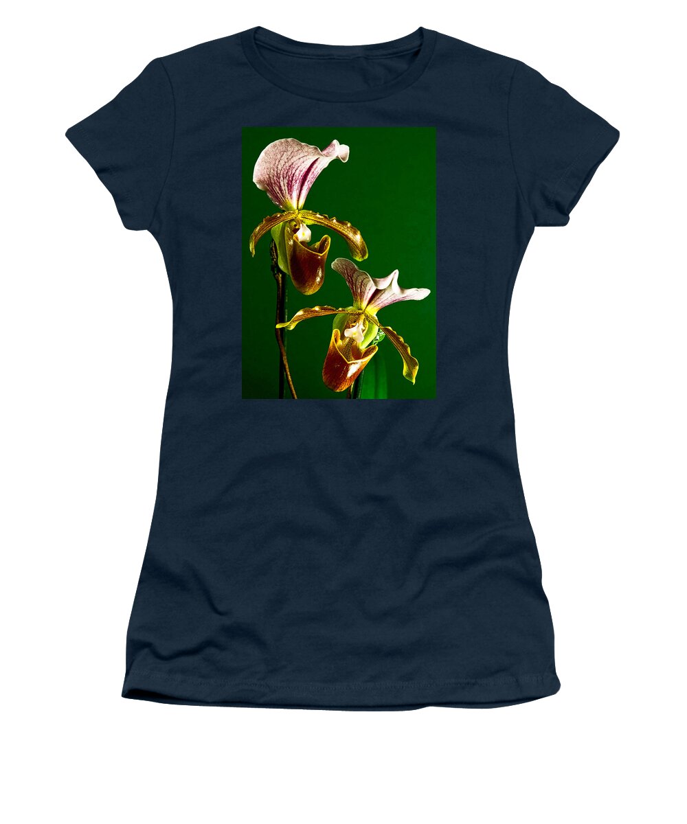 Orchids Women's T-Shirt featuring the photograph Pair of Lady Slipper Orchids by Elf EVANS
