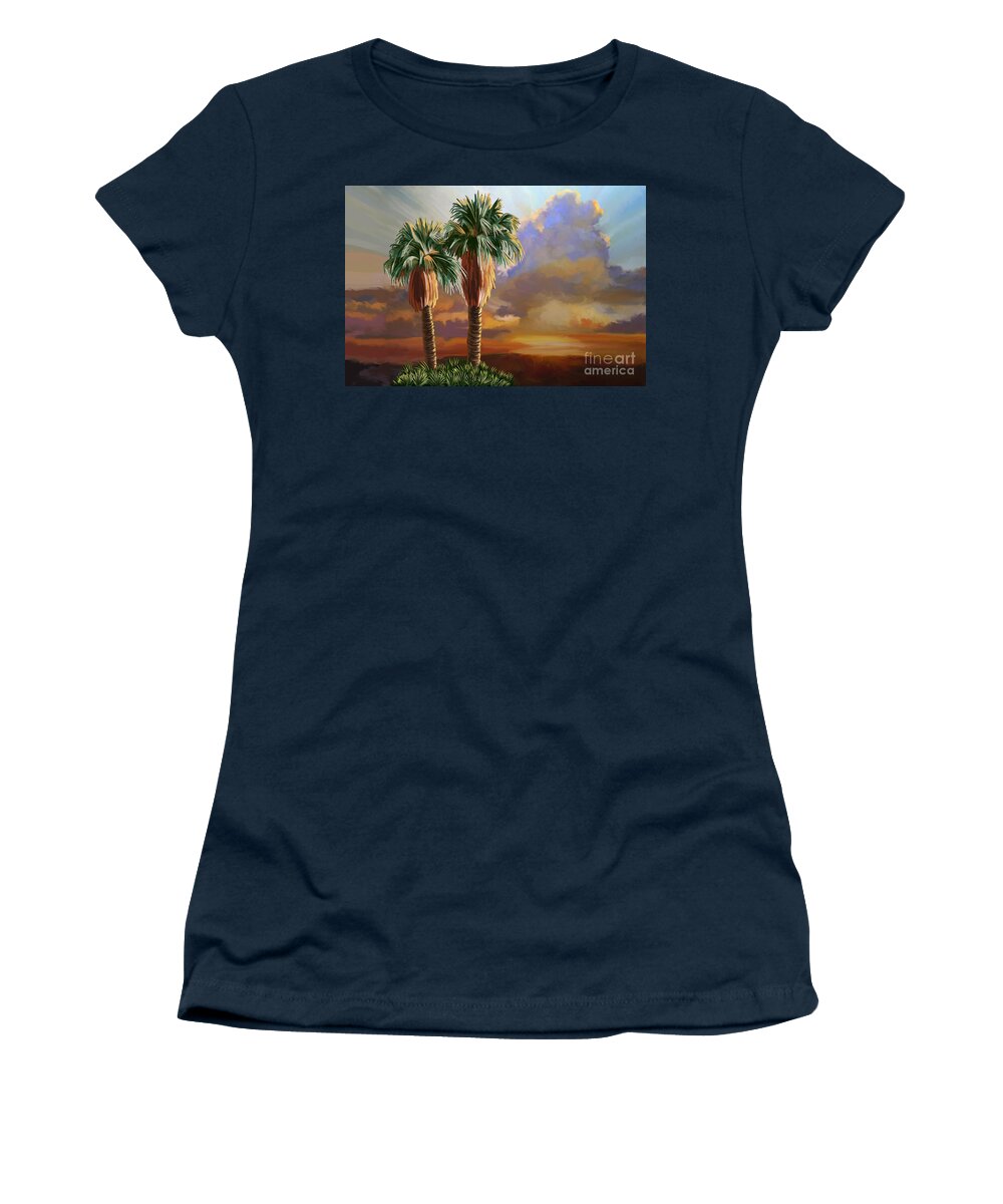 Cabo San Lucas Women's T-Shirt featuring the painting Palm Tree Cabo Sunset by Tim Gilliland