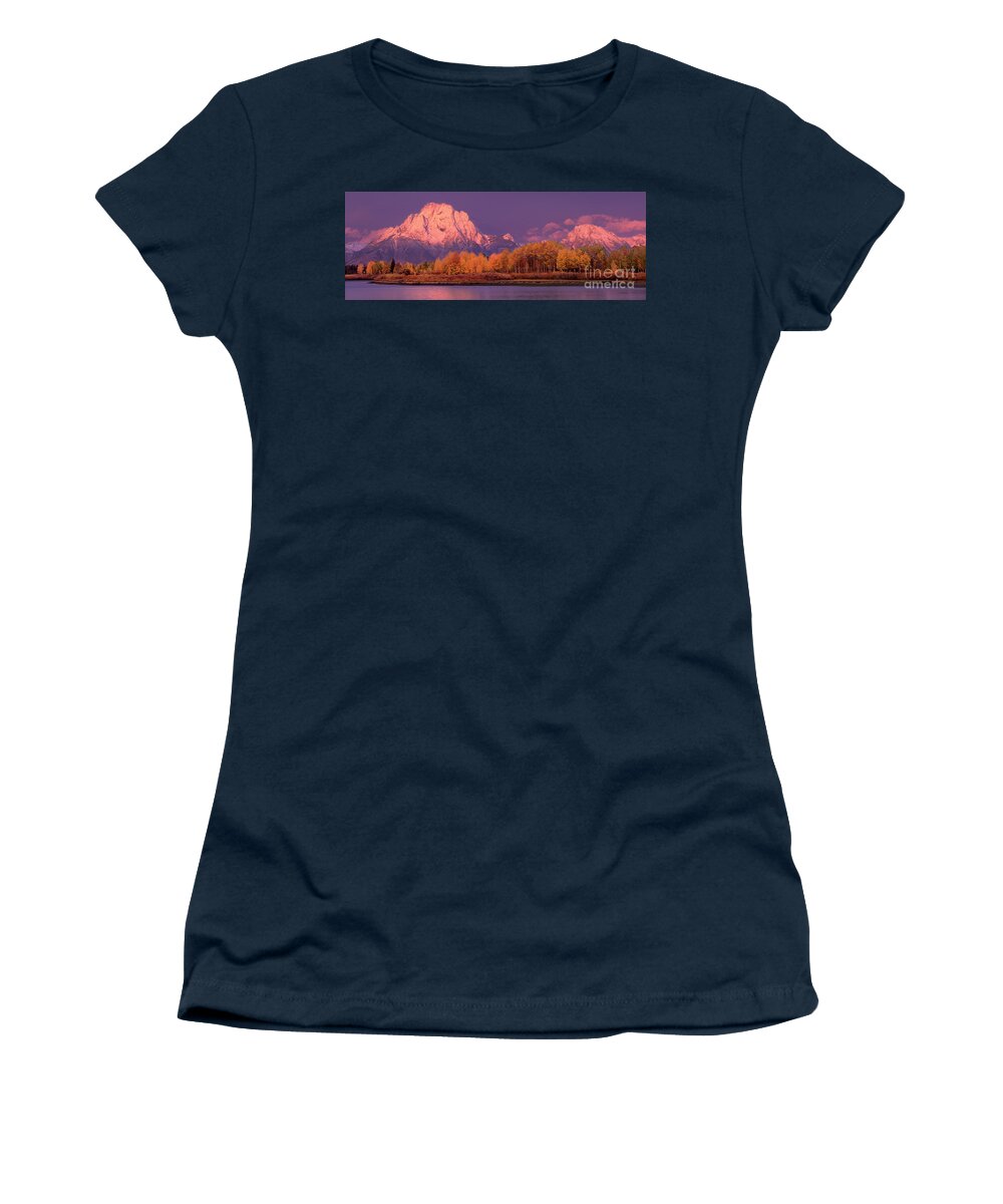 America Women's T-Shirt featuring the photograph Panorama Dawn Lights Up Mount Moran in Grand Tetons National Park by Dave Welling