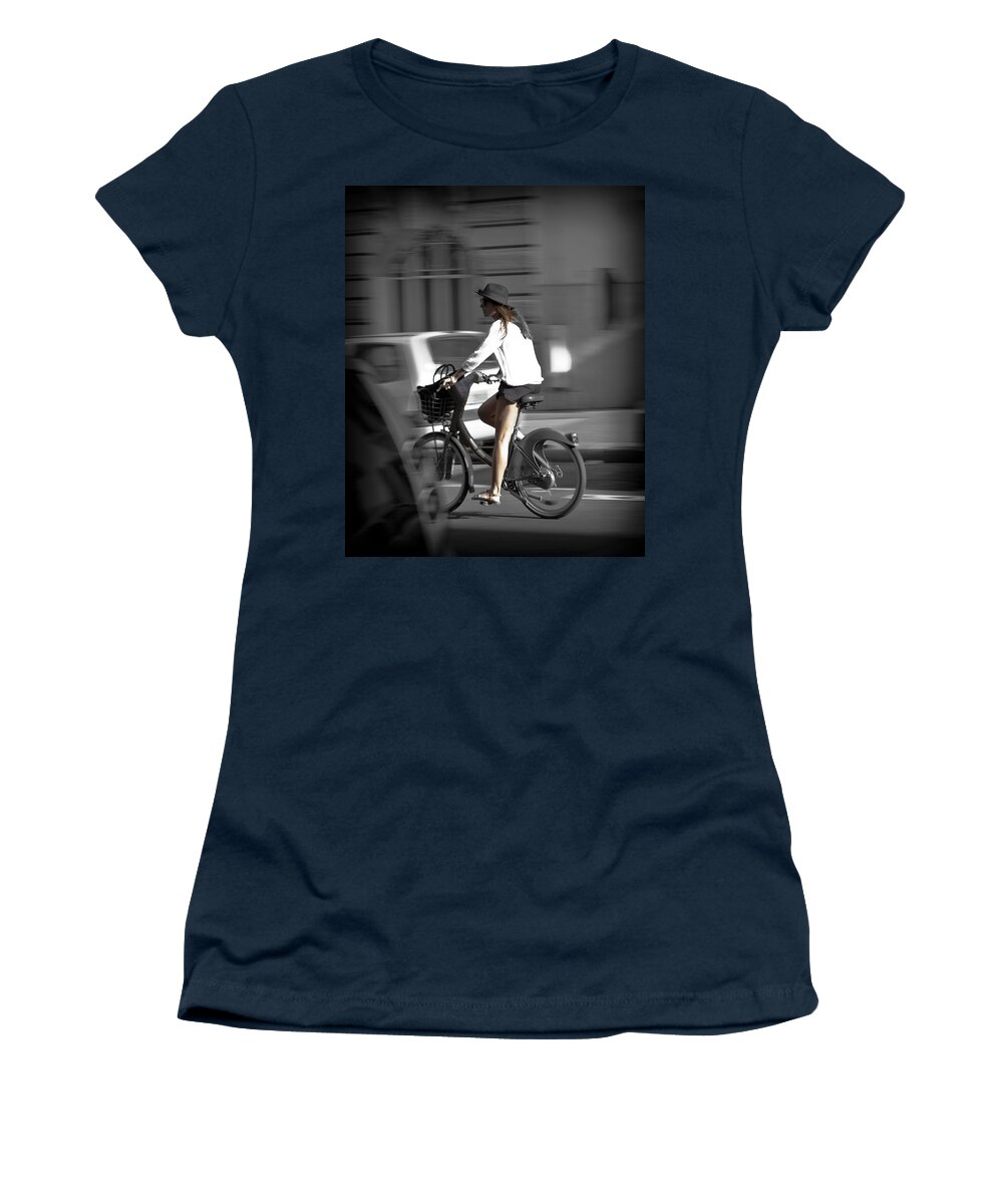 Paris Women's T-Shirt featuring the photograph Parisian Girl Cyclist by Maj Seda