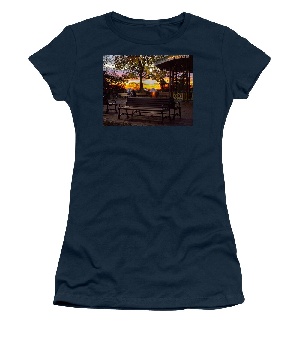 Riverside Park Women's T-Shirt featuring the photograph Park Bench Evening by Bill Swartwout