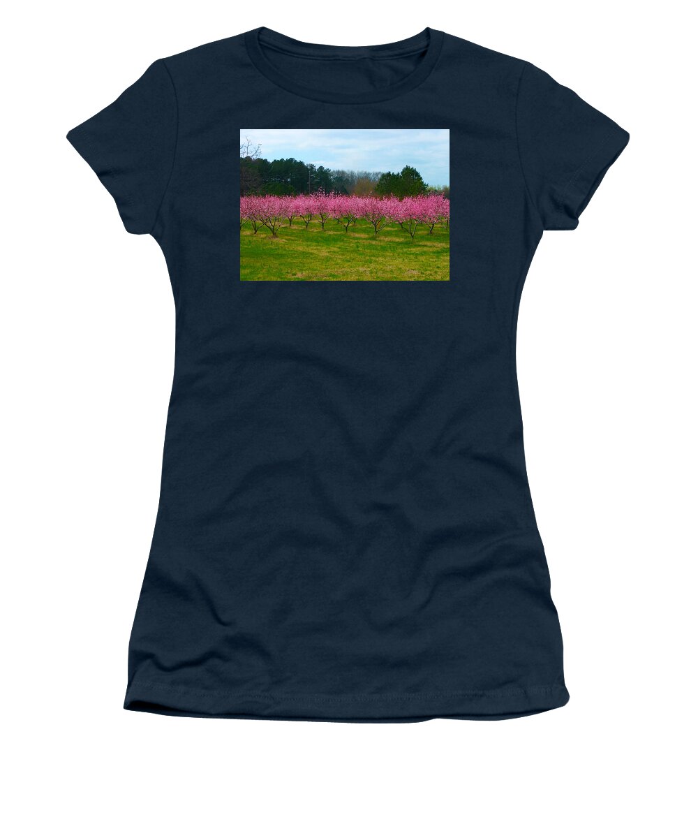 Landscape Women's T-Shirt featuring the photograph Peach Tree Grove by Jan Marvin by Jan Marvin