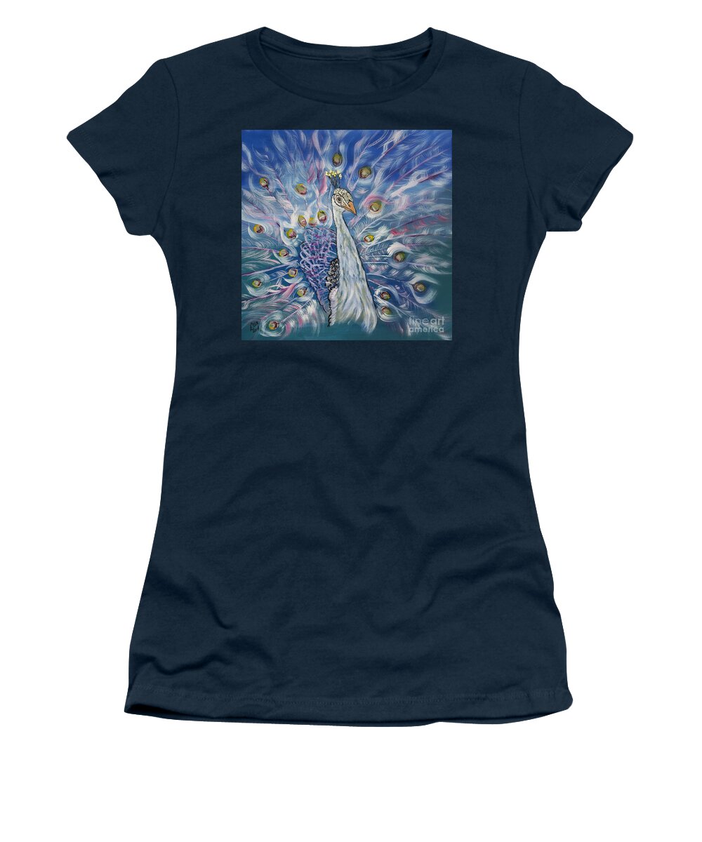Animals Women's T-Shirt featuring the painting Peacock Dressed In White by Ella Kaye Dickey