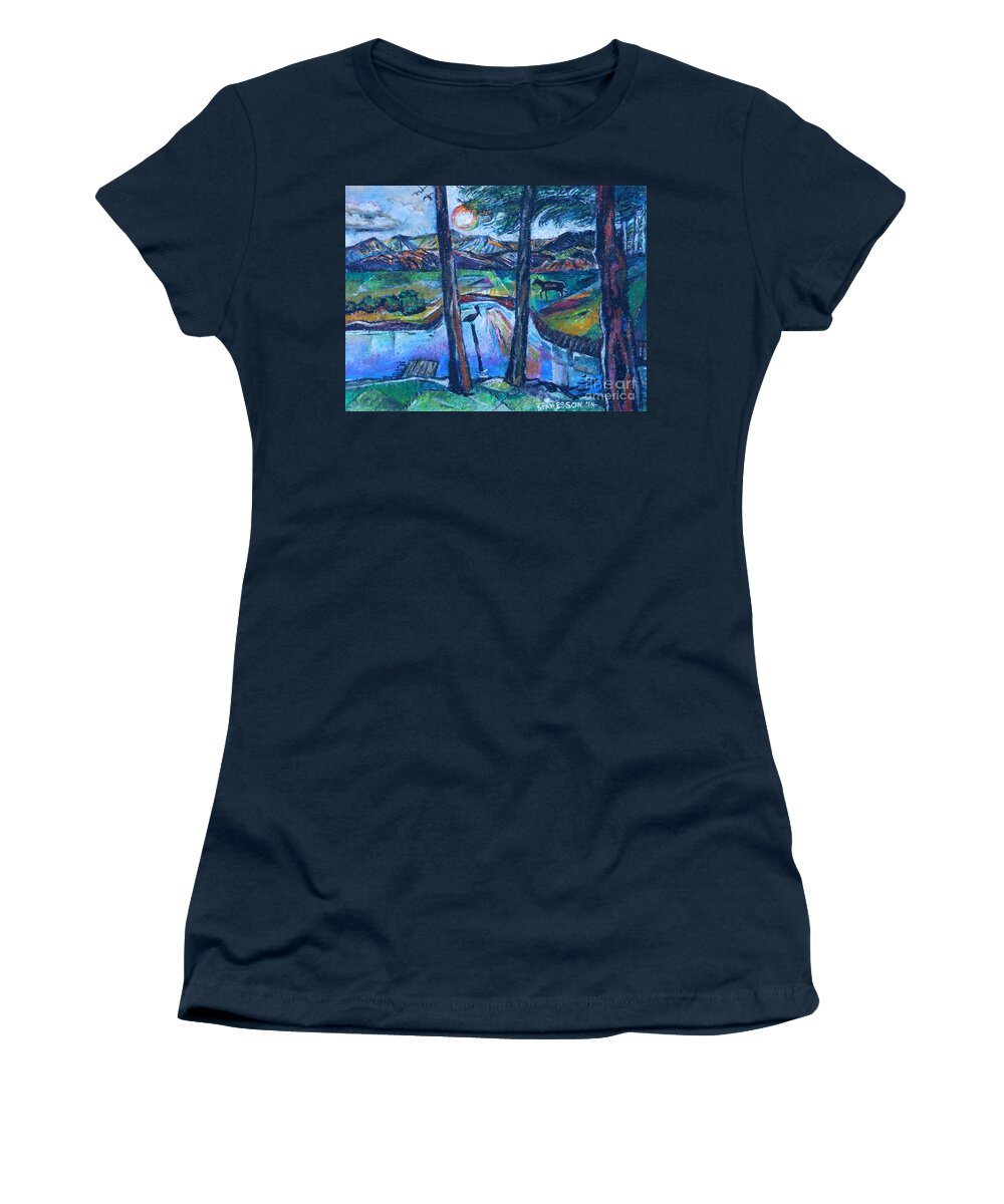 Pelican Women's T-Shirt featuring the painting Pelican and Moose In Landscape by Stan Esson