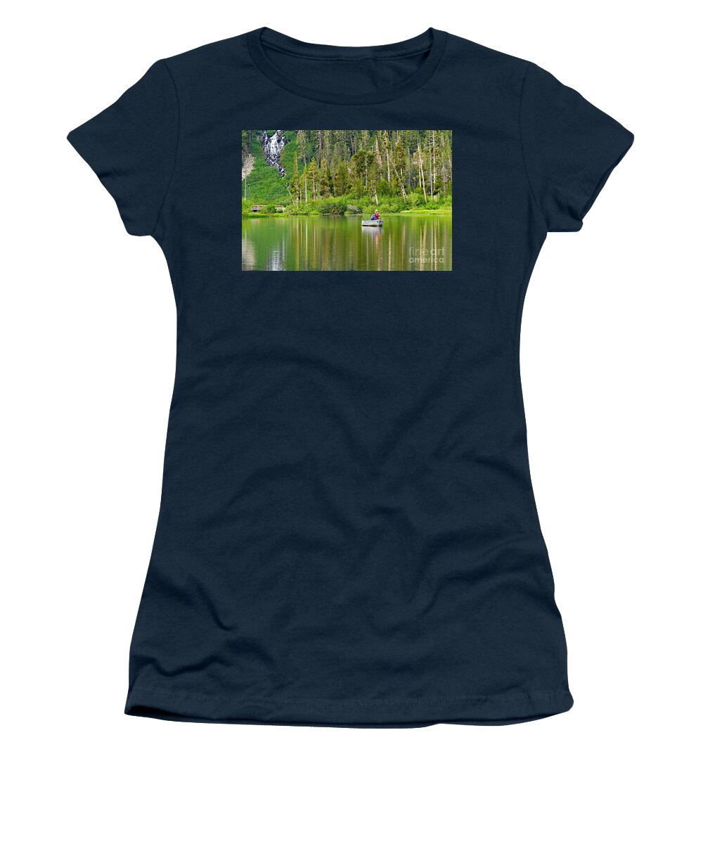Lake Reflection Fishing Boat Waterfall Forest Morning Mountain M Women's T-Shirt featuring the photograph Perfect Sunday - Two people fishing on a lake in Mammoth California. by Jamie Pham