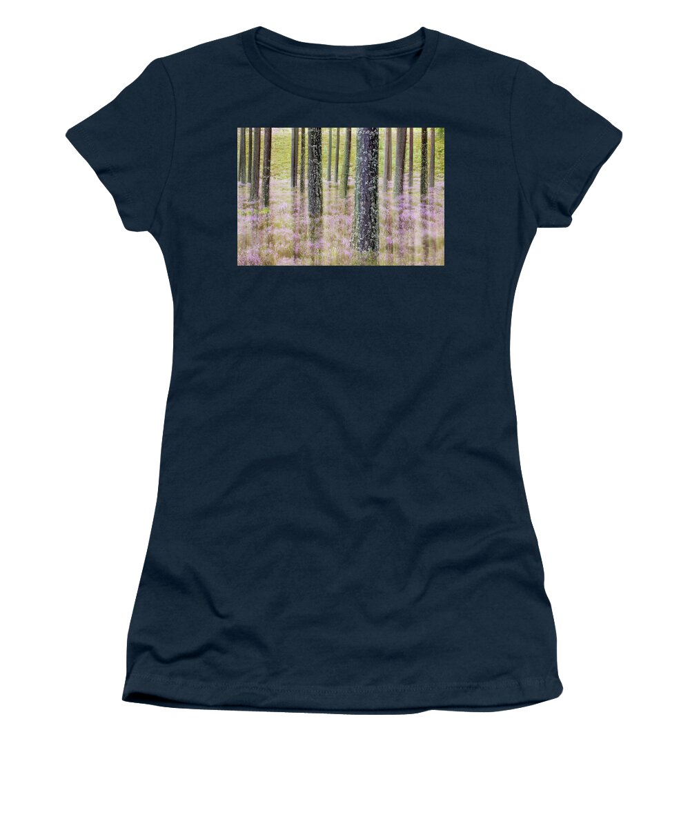 Sebastian Kennerknecht Women's T-Shirt featuring the photograph Pine Forest And Heather Cairngorms Np by Sebastian Kennerknecht