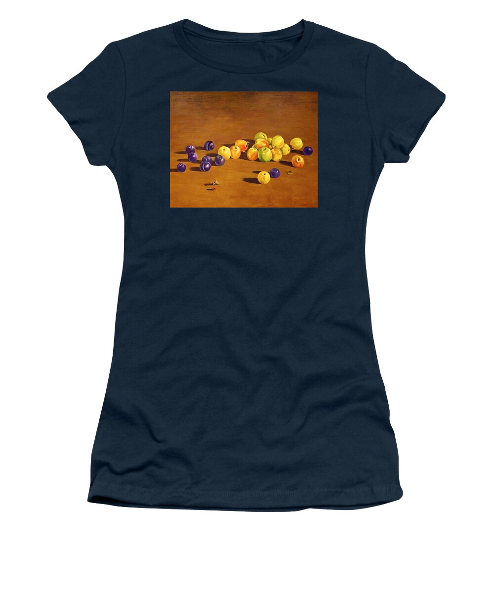 Fruit Women's T-Shirt featuring the painting Plums and Apples Still Life by Ingrid Dohm