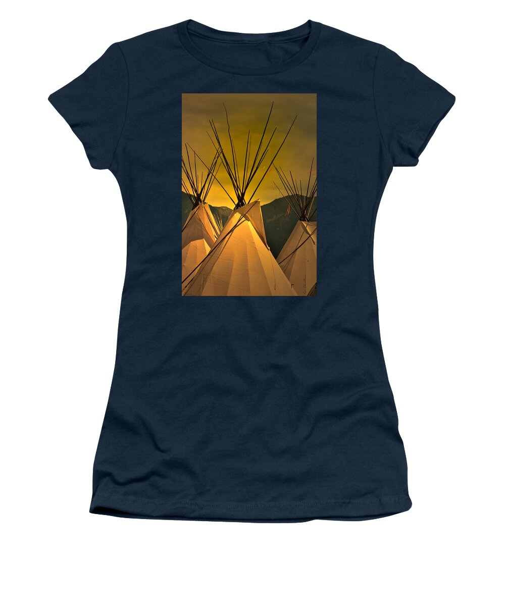 American Indian Women's T-Shirt featuring the photograph Powwow Camp at Sunrise by Kae Cheatham
