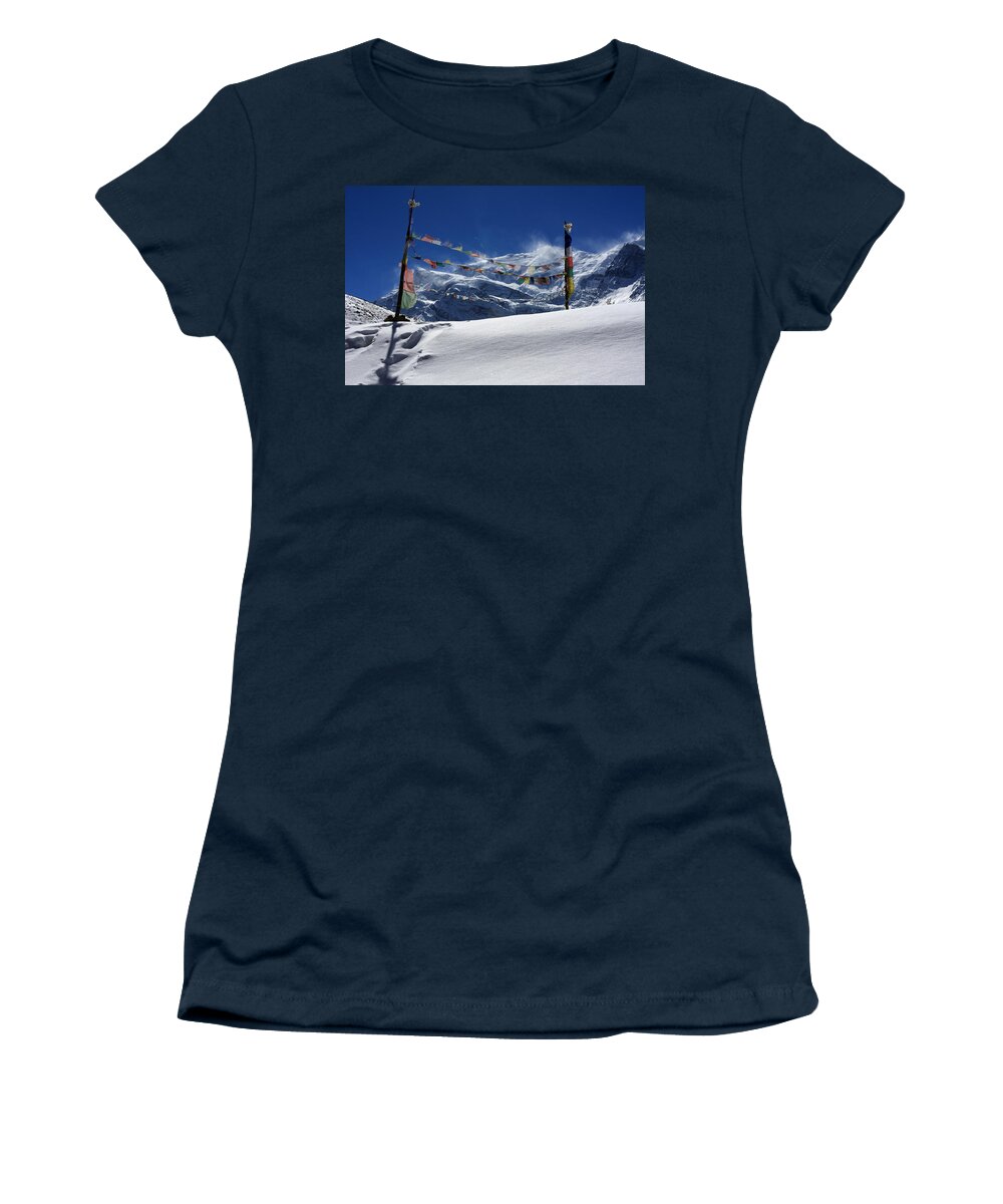 Himalayas Women's T-Shirt featuring the photograph Prayer Flags At The Pass by Aidan Moran