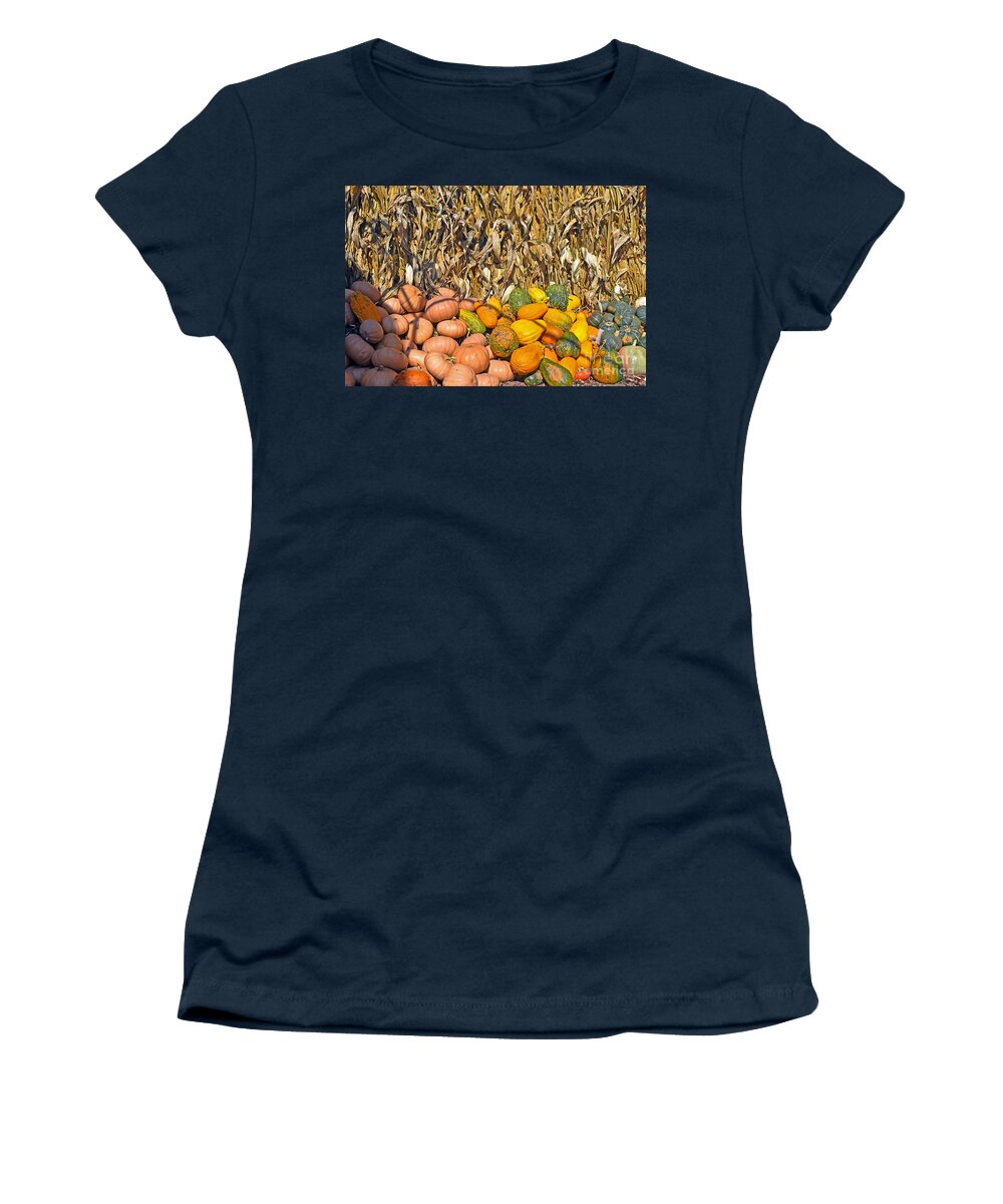 Country Women's T-Shirt featuring the photograph Pumpkins and corn by PatriZio M Busnel