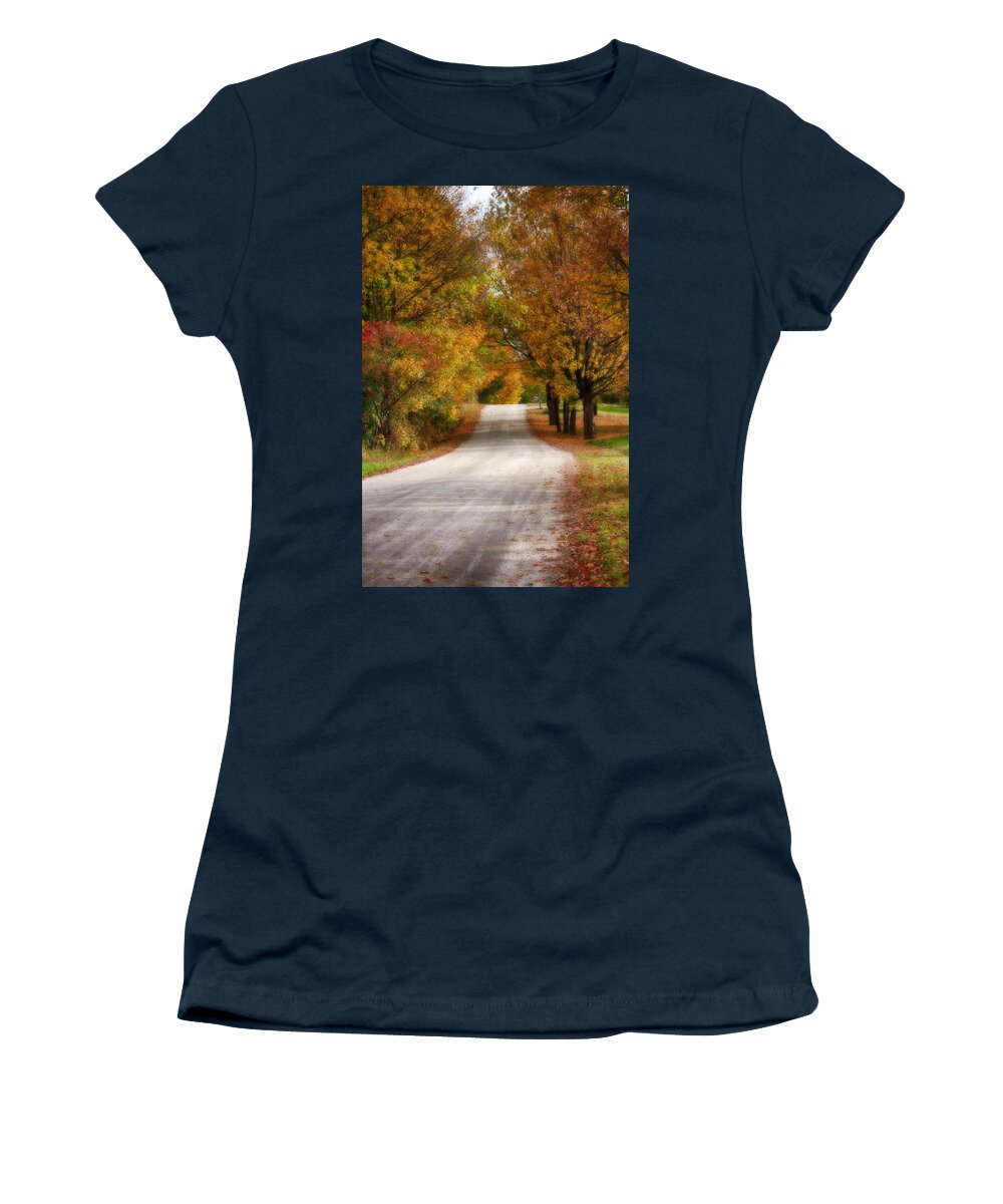 New England Fall Foliage Women's T-Shirt featuring the photograph Quiet Vermont backroad by Jeff Folger