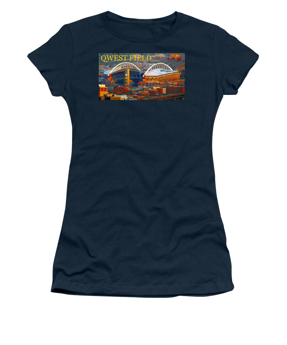 Seattle Washington Usa Women's T-Shirt featuring the painting Qwest Field Seattle by David Lee Thompson