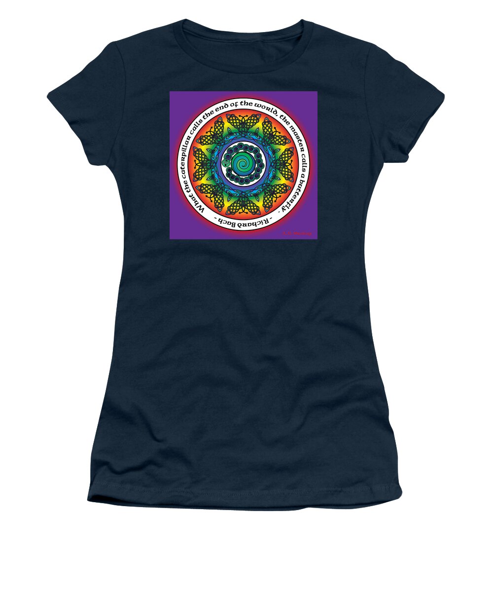 Rainbow Women's T-Shirt featuring the digital art Rainbow Celtic Butterfly Mandala by Celtic Artist Angela Dawn MacKay