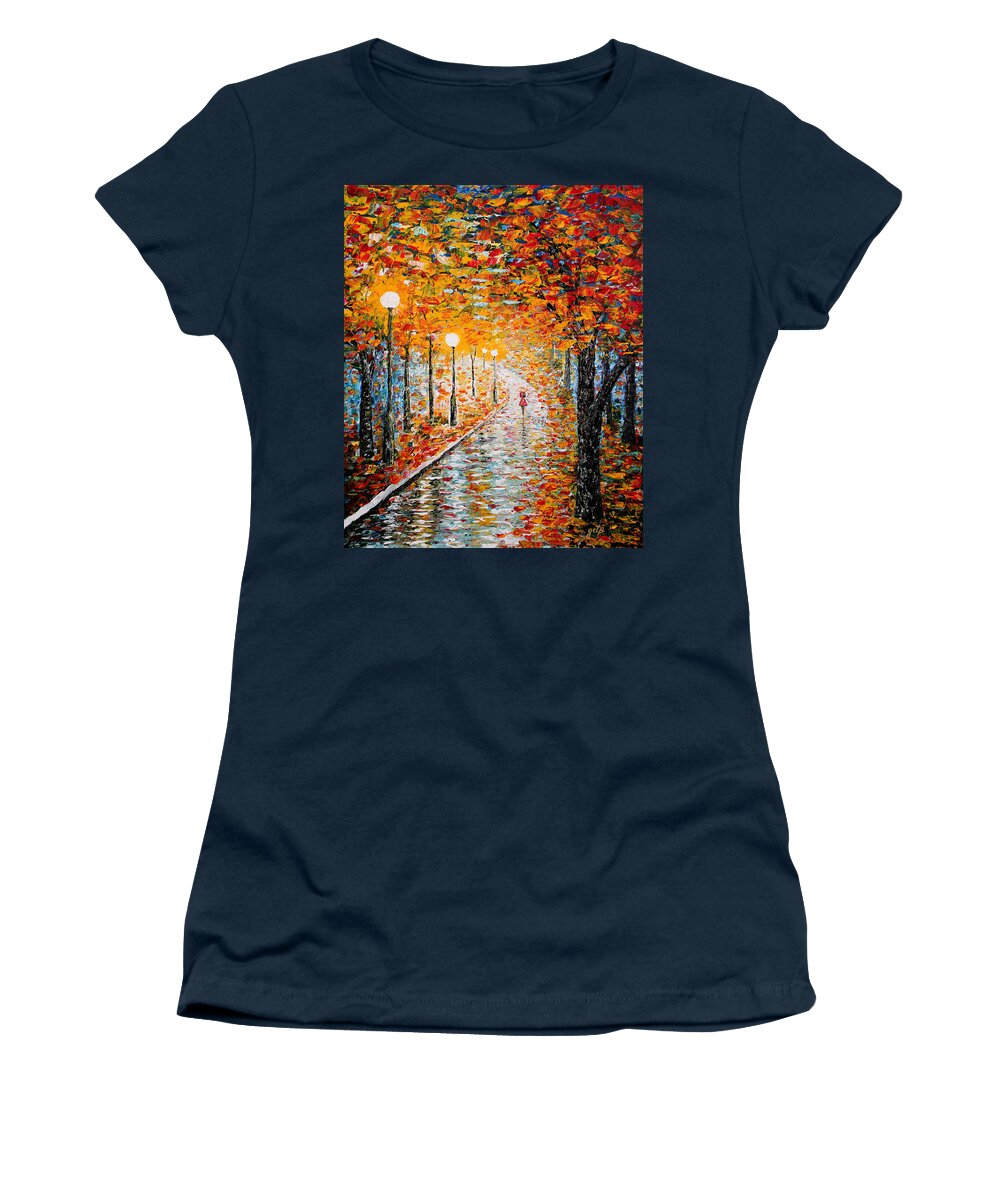 Impressionism Autumn Women's T-Shirt featuring the painting Rainy Autumn Day palette knife original by Georgeta Blanaru