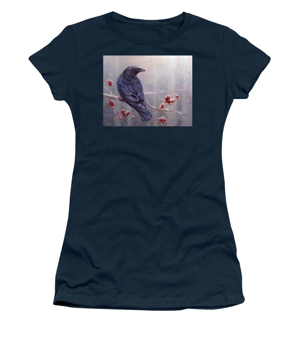 Winter Women's T-Shirt featuring the painting Raven in the Stillness - Black bird or crow resting in winter forest by K Whitworth