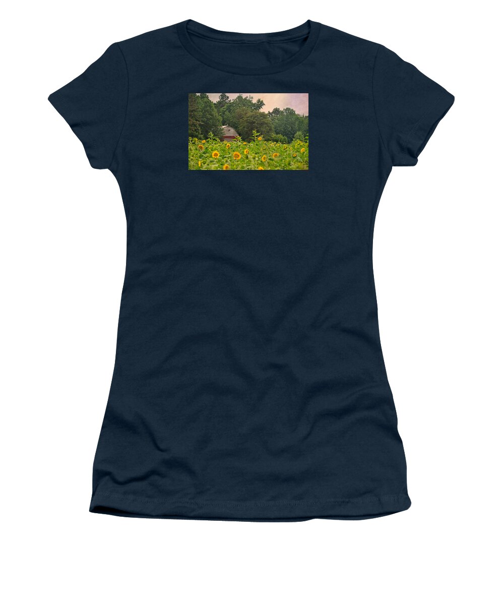 Red Barn Women's T-Shirt featuring the photograph Red Barn Among The Sunflowers by Sandi OReilly